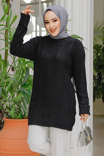 Neva Style Pulover tunica hijab negru cu model tricotat 20051s
