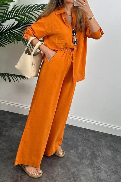 Suzi Women Linen Shirt Pants Suit 4S517