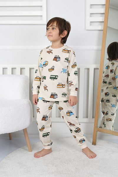 yagmurgiyim Pajamas for Boys - Beige, 100% Cotton, 3-8 Years, Vehicles Pattern 32231-B