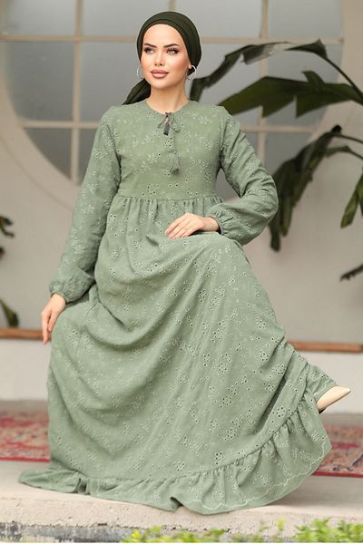 Neva Style Green Laced Hijab Dress - 23201CY