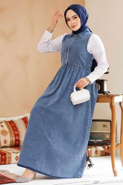 Neva Style Rochie Gilet Hijab Denim Albastru Inchis cu Fermoar 19135KM