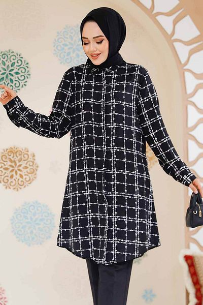 Neva Style تونيك حجاب أسود منقوش - 11717S