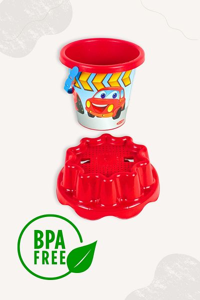 BubbyPlay Car Large Summer Beach Bucket Set Bucket, Shovel, Rake, 1 Sand Mold Mixed Color