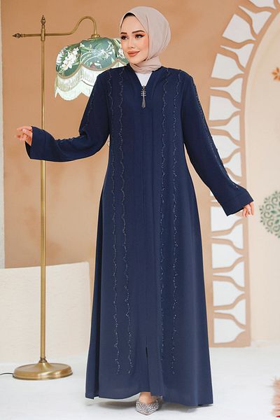 Neva Style Bead Embroidered Navy Blue Hijab Ferace 29113L