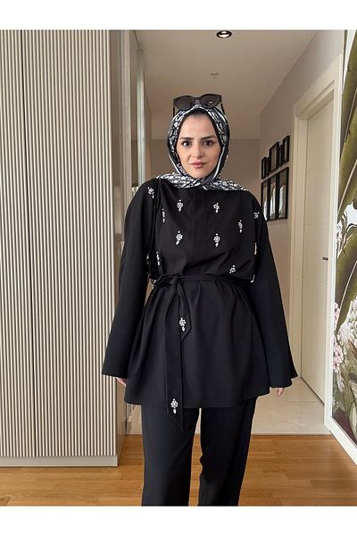 Aselim Hijap Moda Black Stone Crepe Fabric Tunic Double Set