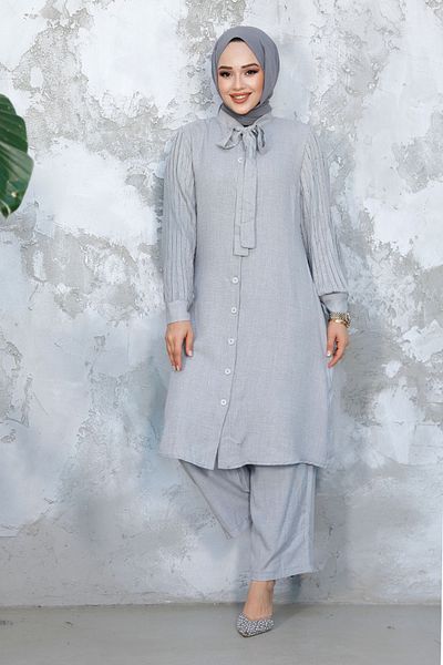 Neva Style طقم حجاب مزدوج باللون الرمادي مع أذرع مطوية 51991GR