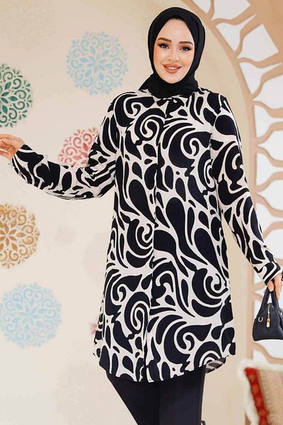 Neva Style Patterned Ecru Hijab Tunic 11711E