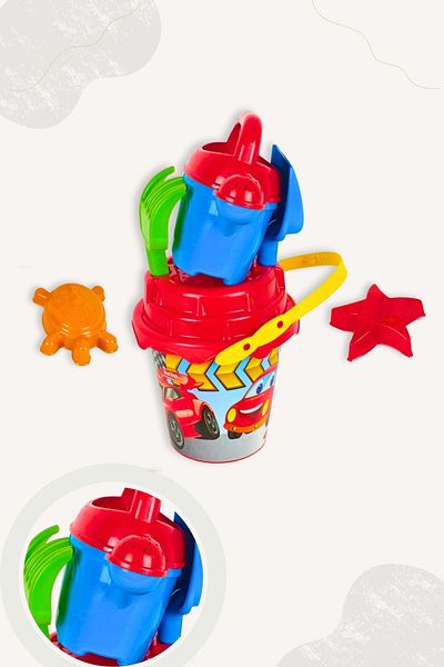 BubbyPlay Car Summer Beach Bucket Set Bucket, Pitcher, Shovel, Rake, 2 Sand Molds Mixed Color