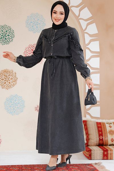 Neva Style Rochie hijab cu nasturi de culoare antracit - 19136ANT