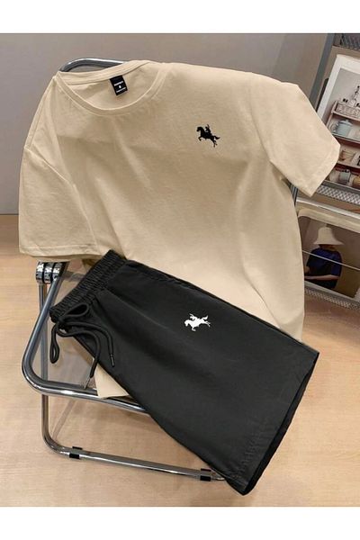 BYMEER Beige Black Horse Printed Shorts T-Shirt Set