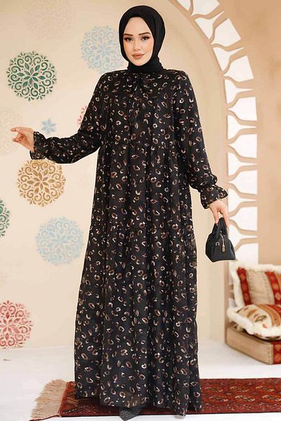 Neva Style Rochie din șifon hijab neagră cu model 23602S