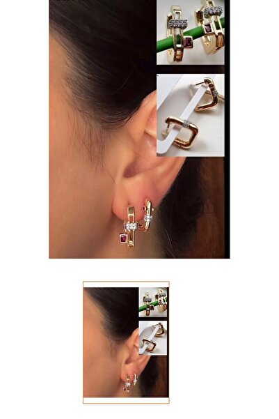 mibrillo Fuchsia Stone Detailed Serenay Double Earring Set