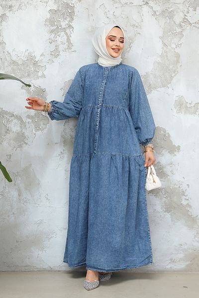 Neva Style Rochie de denim hijab albastră cu nasturi 19143M