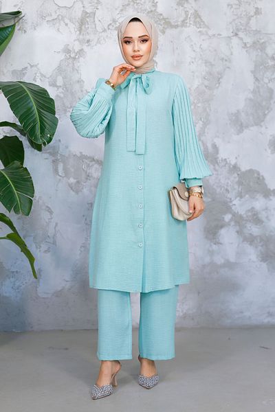 Neva Style طقم حجاب نعناعي مزدوج بأذرع مطوية 51991MINT
