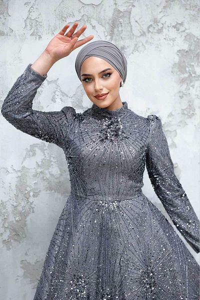 Neva Style Smoked Hijab Evening Dress with Beading Embroidery 50461Fu