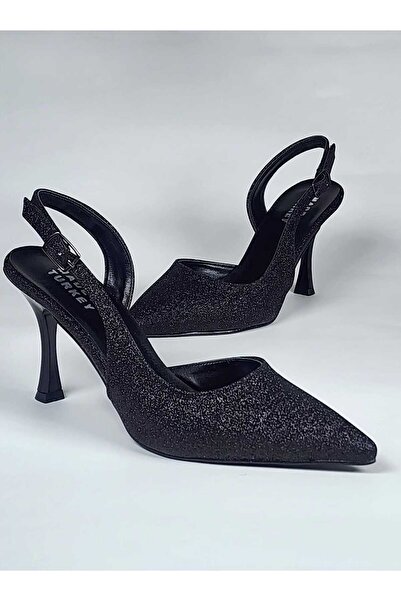 zaınexpress Bantlı Yüksek Ince Topuklu Simli Siyah Arkası Açık Stiletto Ayakk...