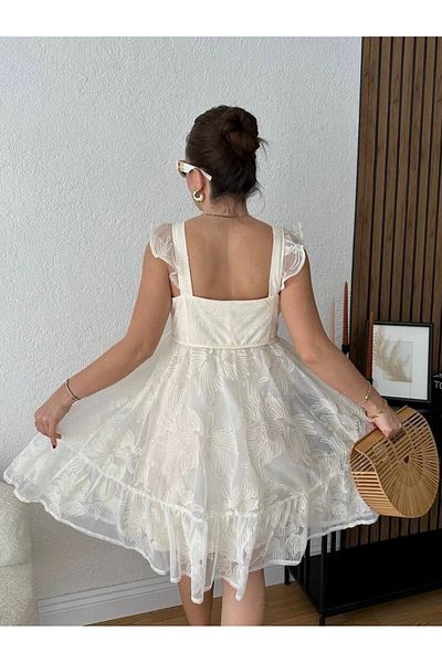 HandCo Embroidery Detailed Tulle Dress Special Design Lined White Strap Dress