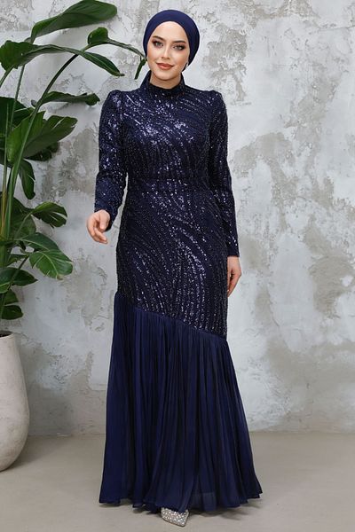 Neva Style Beaded Navy Blue Hijab Evening Dress 50261L