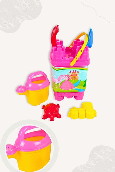 BubbyPlay Princess Castle Bucket Summer Beach Set Bucket, Pitcher, Shovel, Rake, 2 Sand Molds Mixed Color