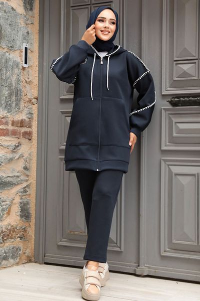 Neva Style طقم حجاب مزدوج بسحاب باللون الأزرق الداكن - 12621L