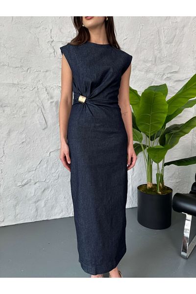 Elif Özbey Butik Rochie subțire din denim cu detaliu cu cataramă