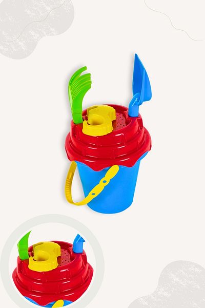 BubbyPlay Small Summer Beach Bucket Set Bucket, Shovel, Rake, Mix 1 Sand Molds Mixed Color