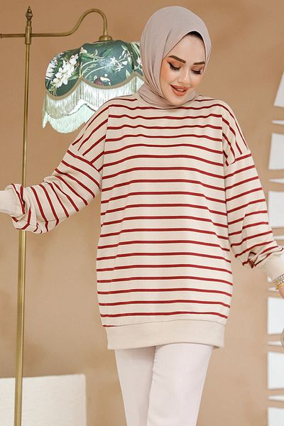 Neva Style Tunica Hijab cu dungi rosii Claret - 30175BR