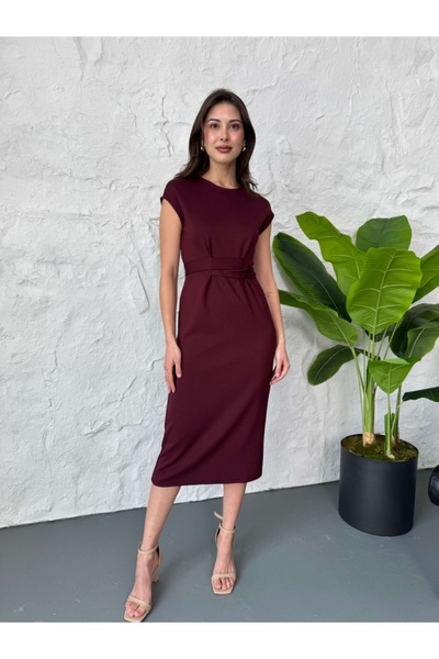 Elif Özbey Butik Rochie modal cu detaliu de curea în față burgundy