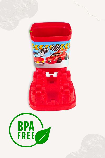 BubbyPlay Car Castle Bucket Summer Beach Set Bucket, Pitcher, Shovel, Rake, 2 Sand Molds Mixed Color