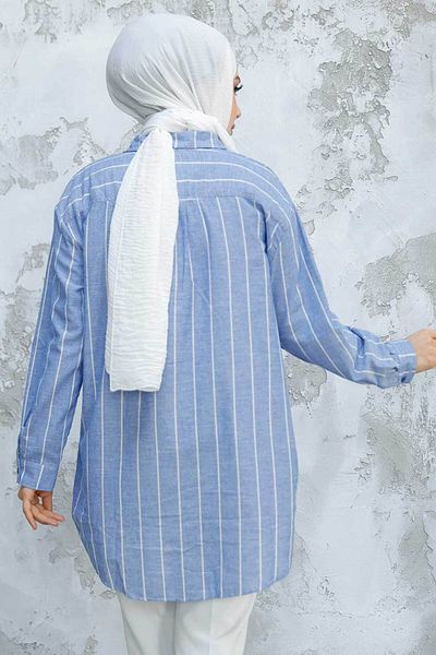 Neva Style Cămașă Hijab Albastră în dungi 52294m