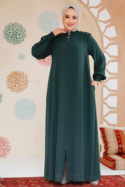 Neva Style Emerald Green Zippered Hijab Ferace - 45287Zy