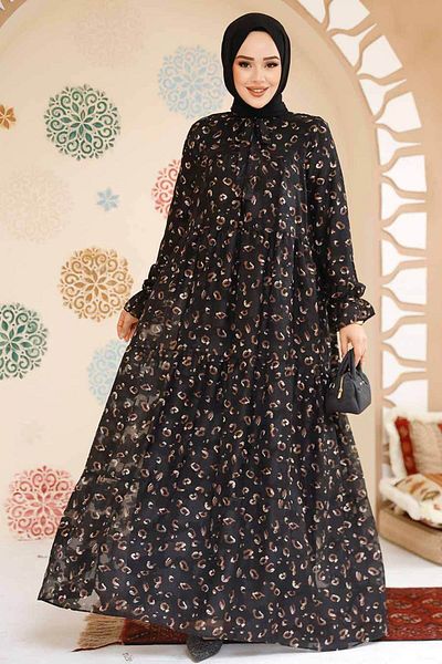 Neva Style Rochie din șifon hijab neagră cu model 23602S
