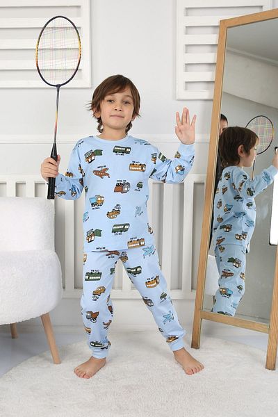 yagmurgiyim Set de pijamale pentru băieți, 100% bumbac, cu model, vehicule albastre ISOB, 3-8 ani 32231-M