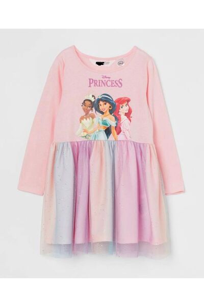 Pink Hippo Kids Kız Çocuk Baskılı Eteği Tüllü Uzun Kollu Elbise