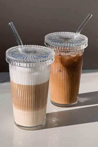 Decorland Cold - Hot Coffee Presentation Glass with Straw and Glass Lid (2 Pcs)