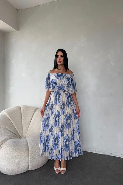 kamacibutik Madonna Collar Floral Pattern Pleated Chiffon Dress