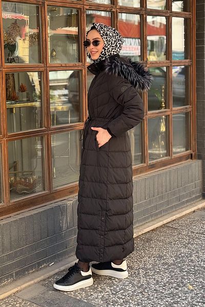 Kayra Feather Padded Waist Gathered Long Coat