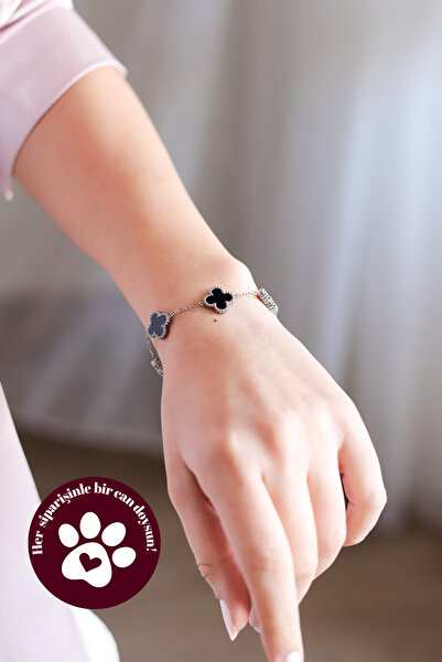 ATALYA ACCESSORY Yonca Modeli Gümüş Renk Siyah Taşlı Kadın Çelik Bileklik - 17 5 Cm Uzunluk – 1.5 Cm Genişlik