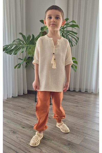 My Baby's World Copper Muslin Pants & Natural Şile Cloth, Capri Sleeve Tassel Shirt Cotton Summer Suit
