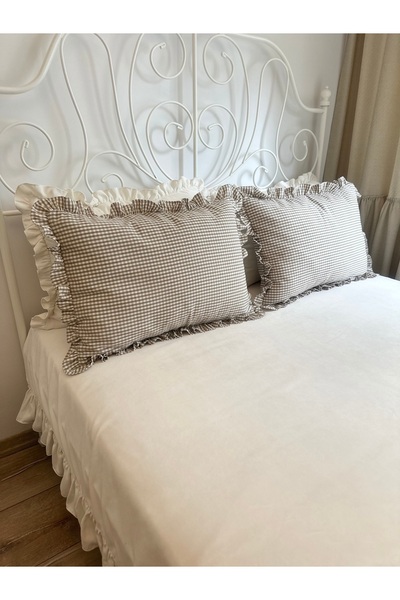 Decamor home Pack of 2 Large Size Linen Beige Mini Gingham Pillow Cases