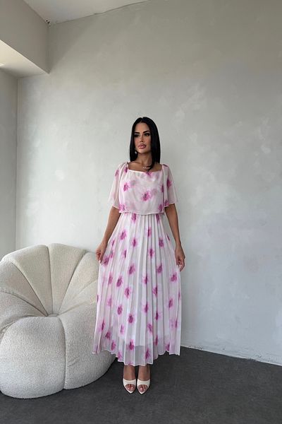 kamacibutik Madonna Collar Floral Pattern Pleated Chiffon Dress