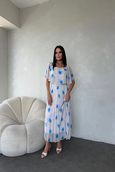 kamacibutik Madonna Collar Floral Pattern Pleated Chiffon Dress