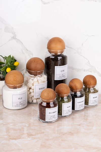 MODA OZY Set of 7 Wooden Ball Glass Tea/Sugar/Salt and Mint/Thyme/Paprika/Black Pepper Jars
