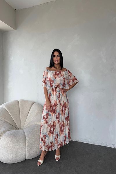 kamacibutik Madonna Collar Floral Pattern Pleated Chiffon Dress