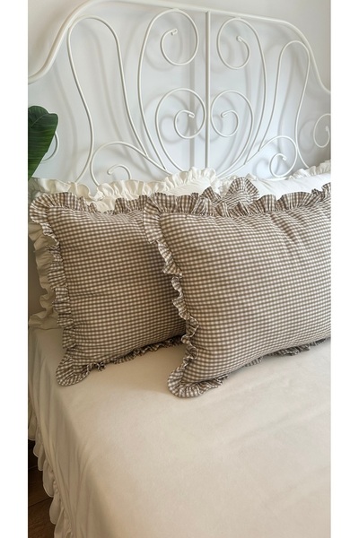 Decamor home Pack of 2 Large Size Linen Beige Mini Gingham Pillow Cases