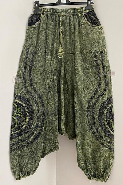 AYASOFYA OTANTIK Unisex Nepalese Green Ethnic Pattern Waisted and Long Yonion Attack Bohemian Baggy Trousers