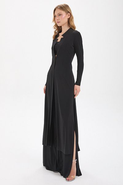 By Yaren Yazıcı Black Collar Design Detailed Slit Single Button Accessory Cardigan Jacket