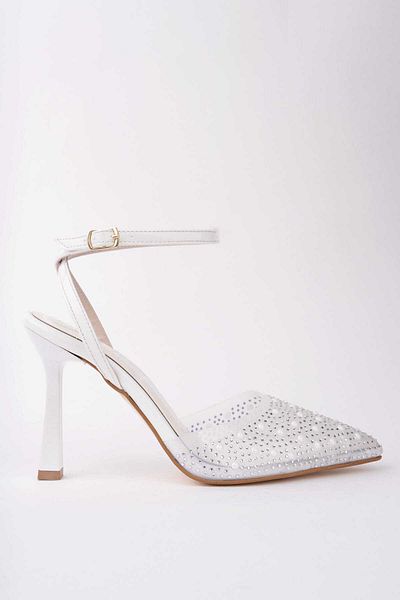 CİMİLİ SHOES Women's White Patent Leather Pearl Transparent Women's Thin Heeled Evening Dress Shoes