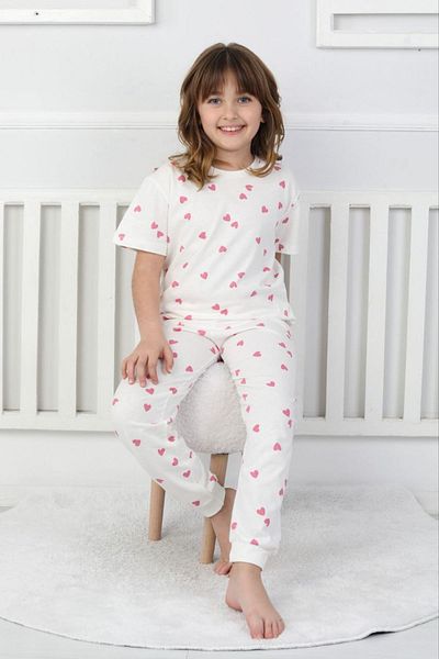 Yağmur Giyim Isob Heart Motif 100% Cotton Girls Pajamas 8-13 Years 41410-E