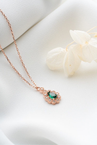 Silvano Jewelry 925 Ayar Gümüş Zümrüt Yeşili Damla Kolye